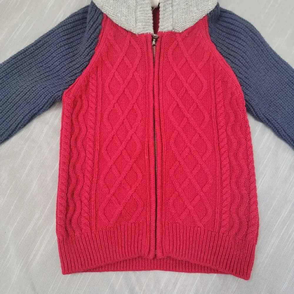 Baby Gap Full Zip Cable Knit Hoodie Sz 2T Red Blue‎ Gray Wool Blend Sweater New